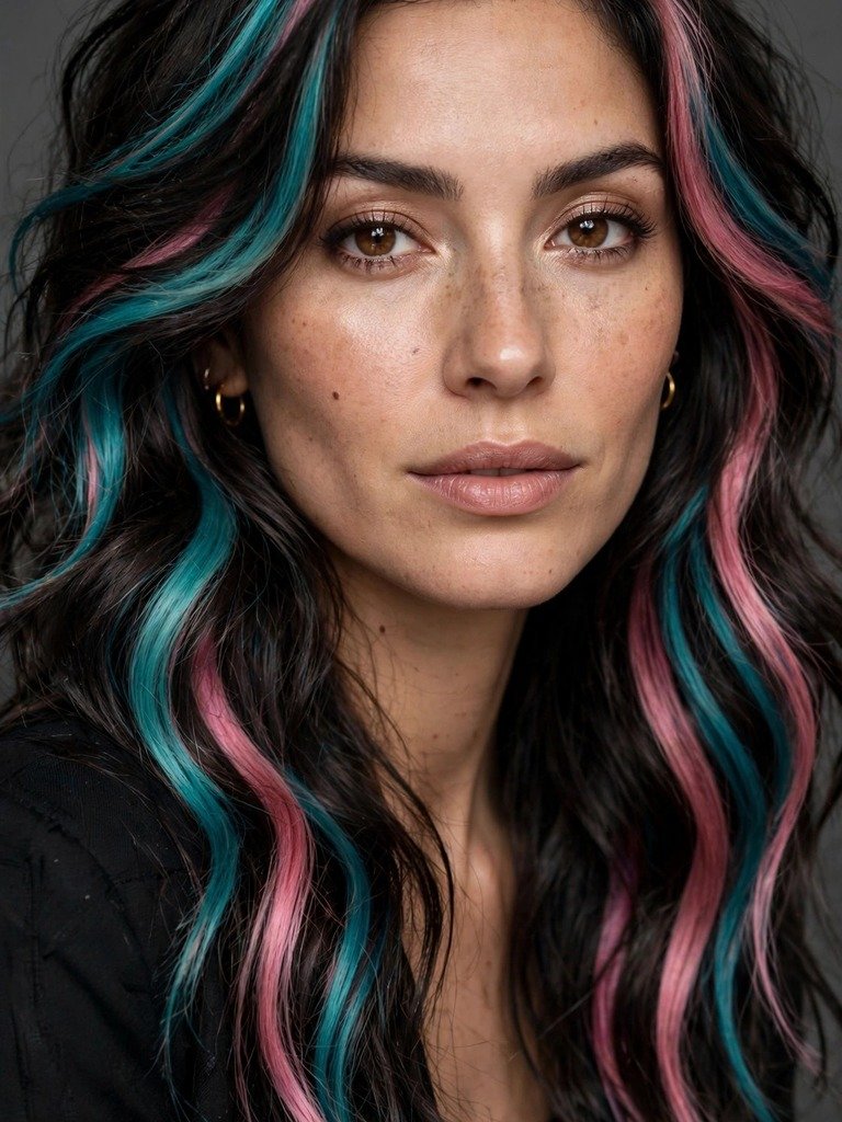 Dark hair with alternating teal and pink streaks in a bold fashion color style