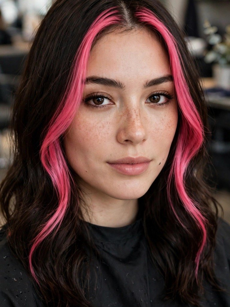 Dark brown hair with a bright pink money piece, two face-framing pink front strands