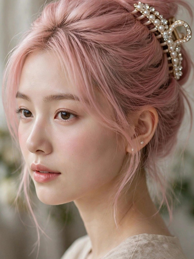 Blush-pink tinted hair swept up in a claw clip decorated with rhinestones and pearls
