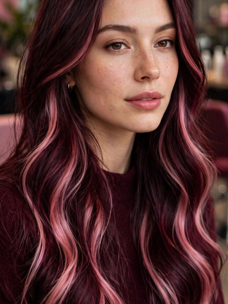 Long dark wine-colored hair with pink balayage ribbons melting through the lengths