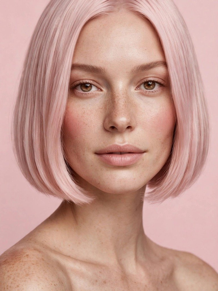 Chin-length sleek bob haircut in soft blush pink with a clean minimal background