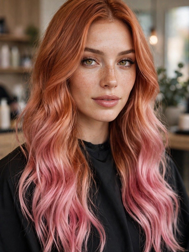 Long hair in a copper-to-pink color melt with warm copper roots fading into soft pink ends