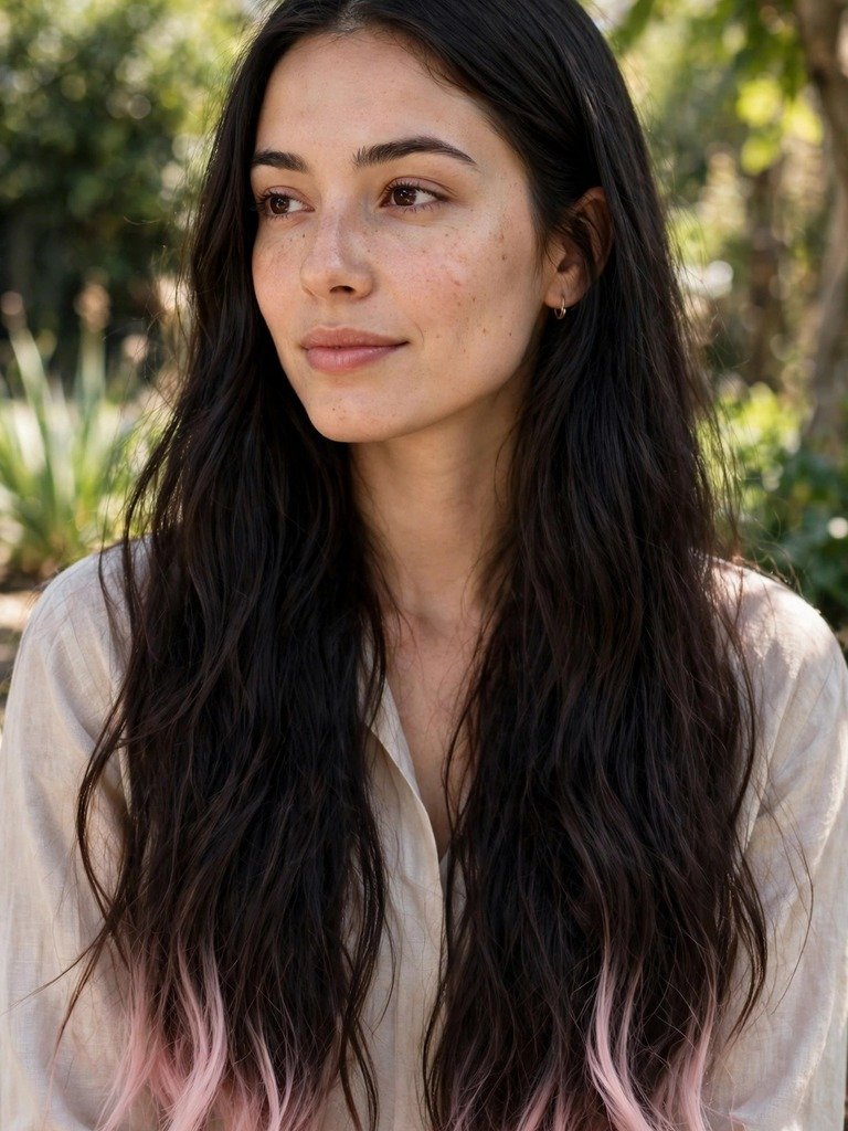 Very long dark hair with subtle pastel pink dip-dyed ends, only the last inches tinted