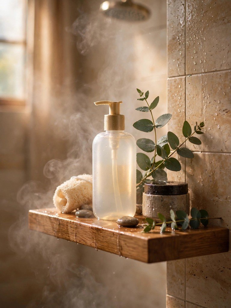 A glowing-skin body wash bottle on a steamy shower shelf beside a sprig of eucalyptus