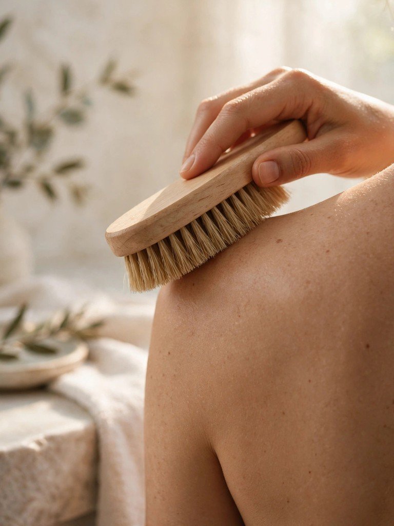 A natural bristle dry brush gliding over bare shoulder skin in soft morning light