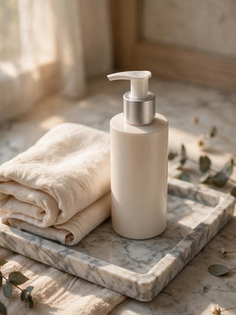 An elegant retinol body lotion pump bottle on a marble bathroom tray beside a folded cream towel
