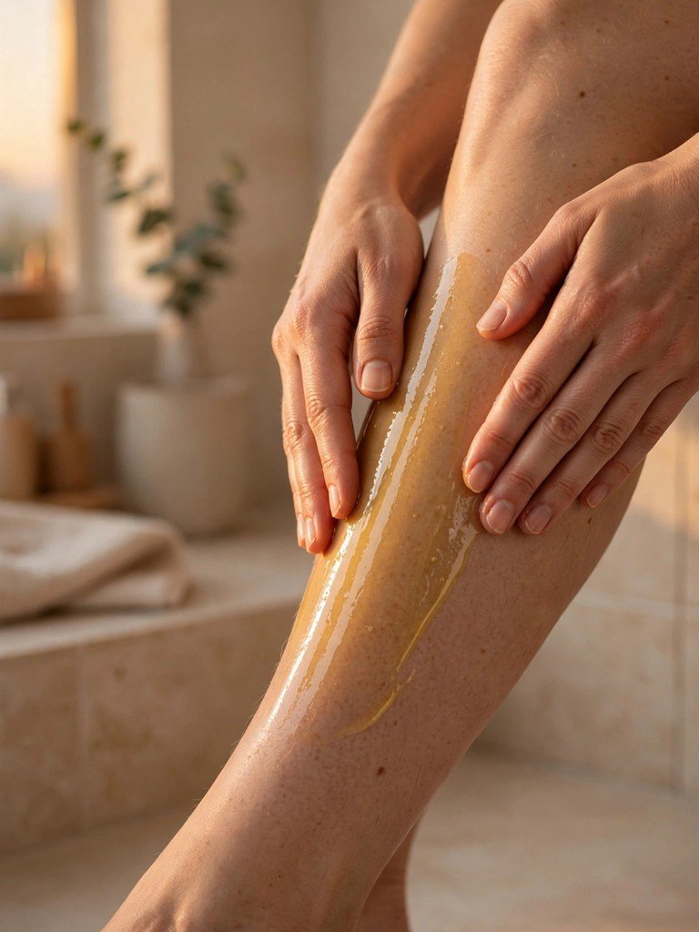Hands smoothing golden body oil onto a lower leg in warm evening light