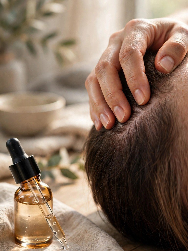Fingertips massaging the scalp with a dropper bottle of scalp serum resting nearby