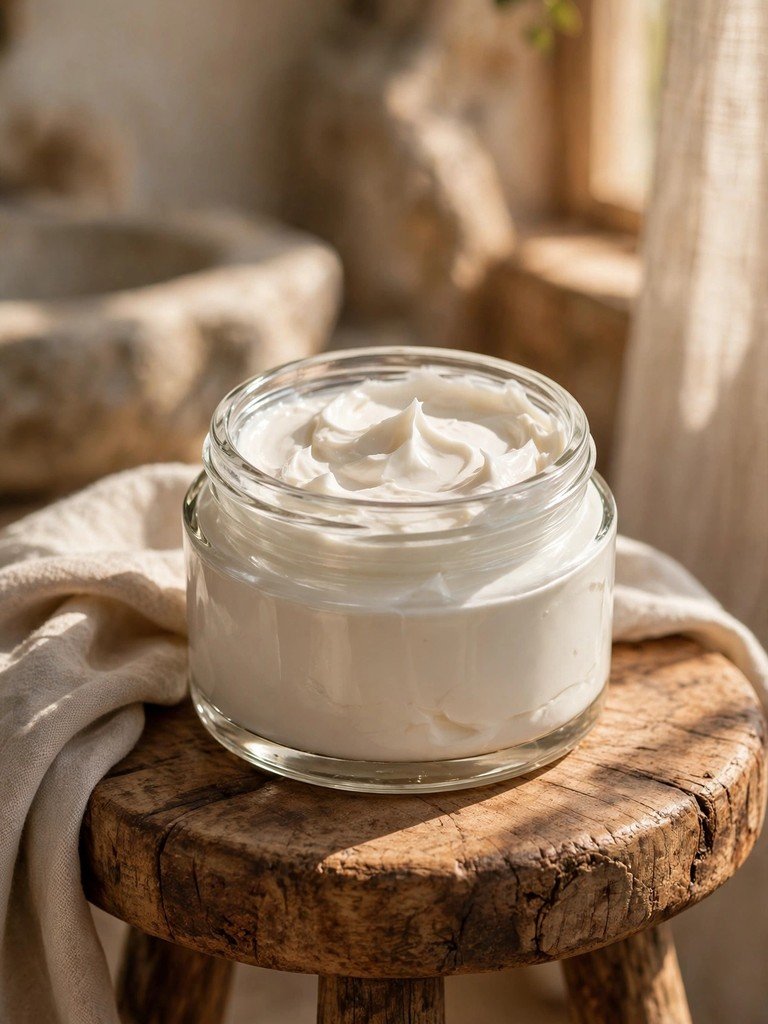 An open jar of thick fragrance-free barrier repair cream on a wooden bathroom stool in soft light