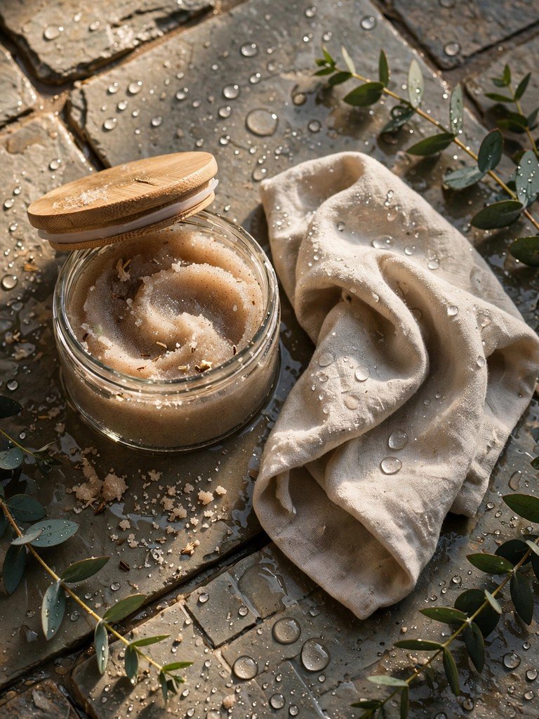 A gentle body exfoliating scrub and a soft washcloth arranged on wet stone tiles with water droplets