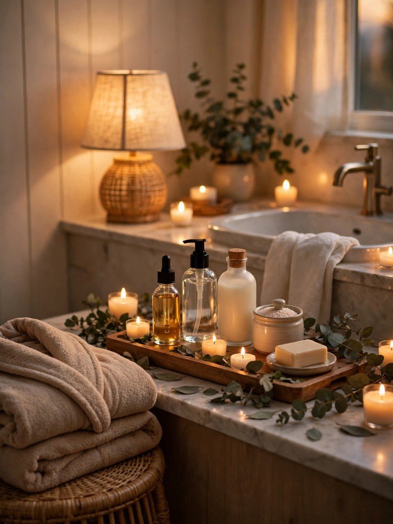 A cozy evening bathroom scene with warm lamp light, a folded robe, and body care bottles arranged on a tray