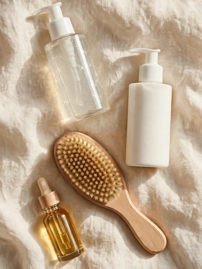 A beginner body-care starter kit flat lay with body wash, lotion, dry brush, and body oil arranged on cream linen