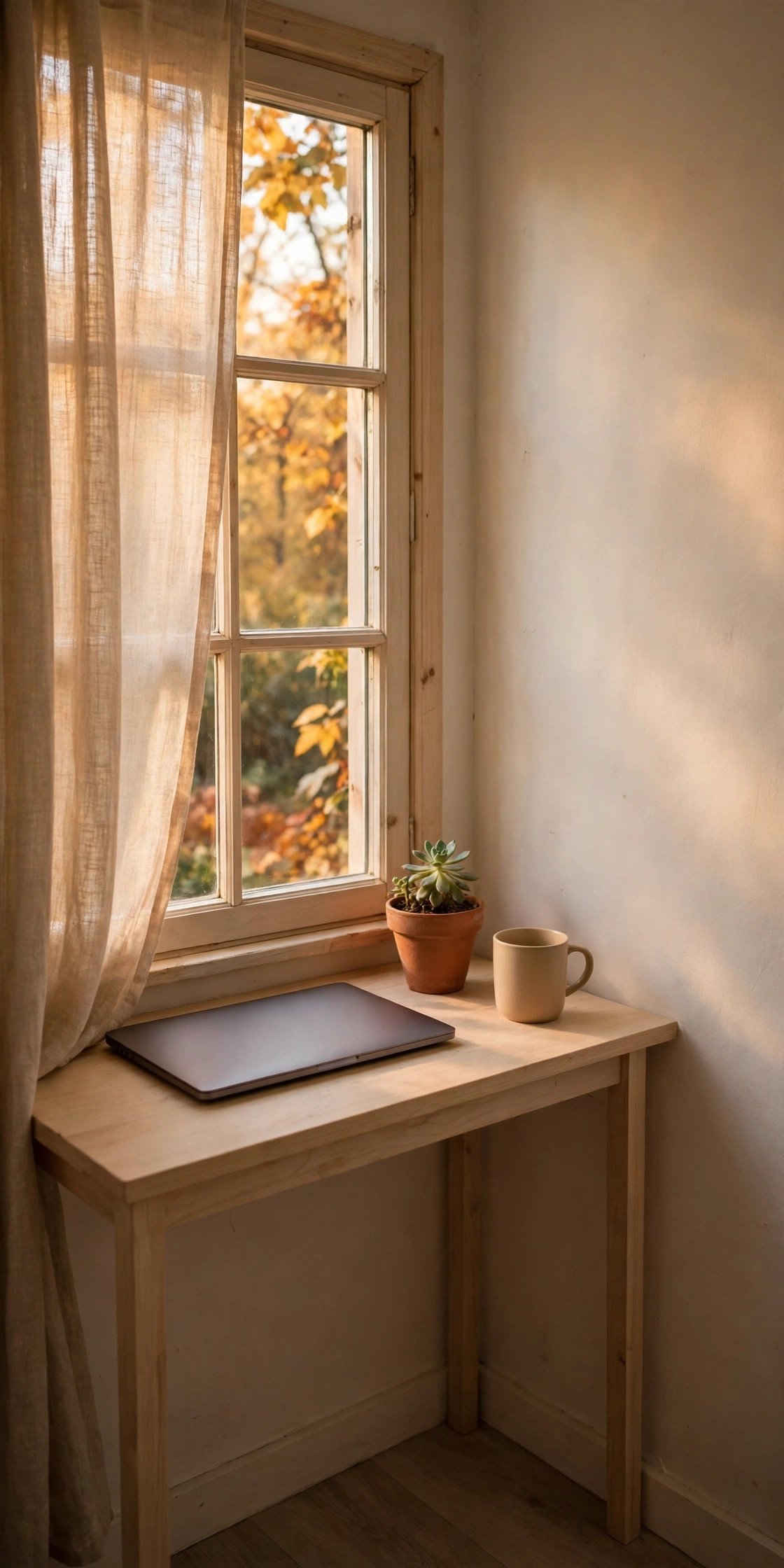 Small rented-room home office corner with a slim light-wood desk beside a window, a closed laptop, a potted plant and warm autumn light