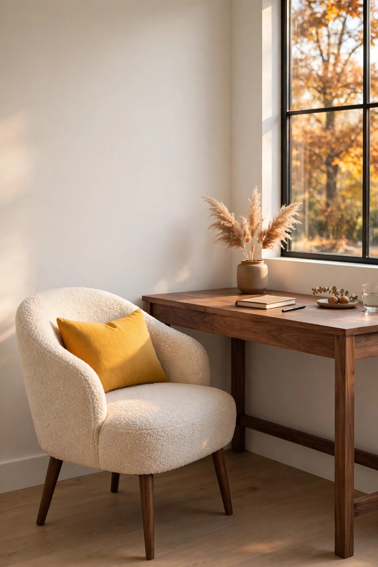Cream boucle accent chair at a minimal walnut desk in a bright home office corner with one mustard cushion