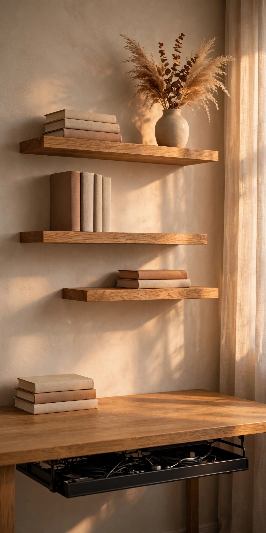 Floating oak shelves above a tidy desk with a cable tray hiding all wires, books and a single vase