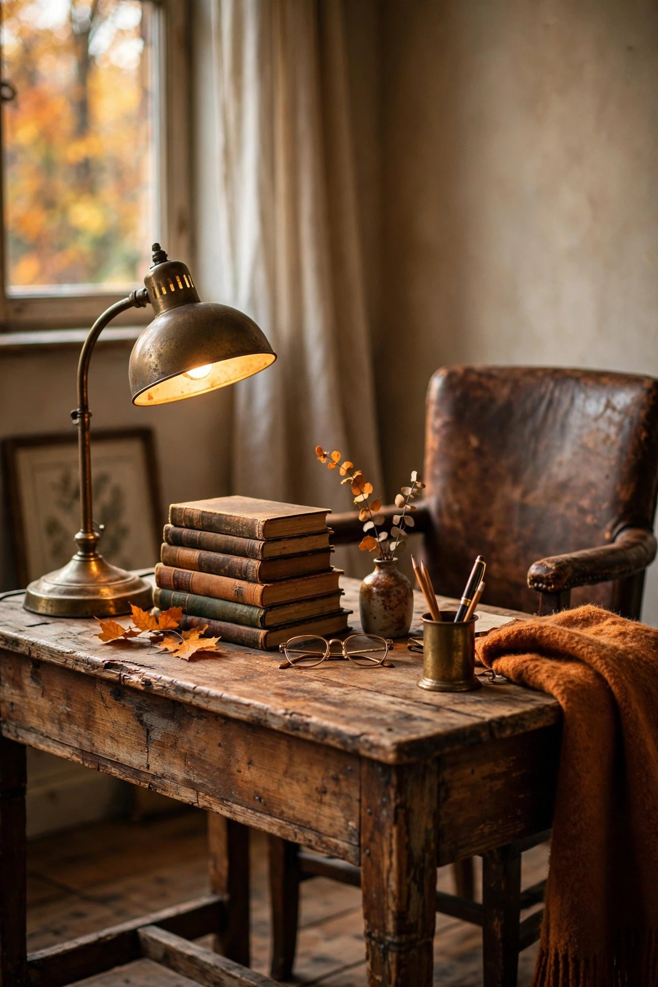 Thrifted vintage wooden desk styled as a home office with a brass lamp, leather chair and old books