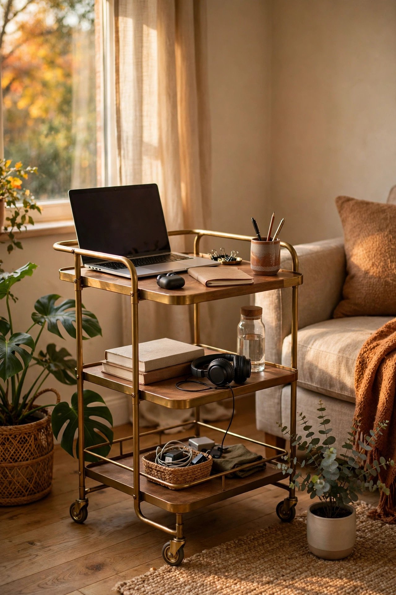 Rolling cart used as a mobile home office station in a living room corner with a laptop, notebook and pen cup