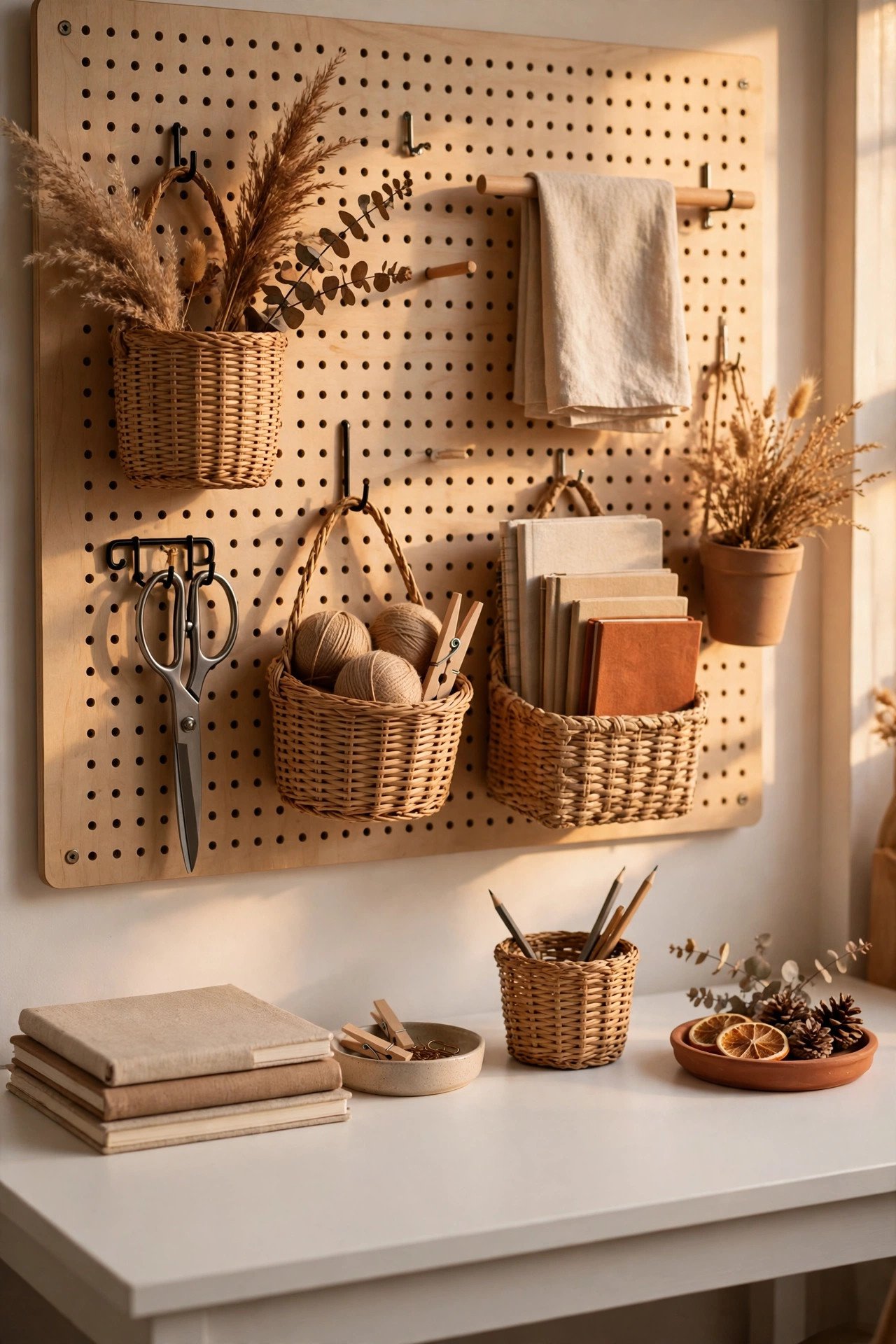 Neat pegboard wall organizer above a white desk with hanging scissors, notebooks and small baskets in warm neutral tones