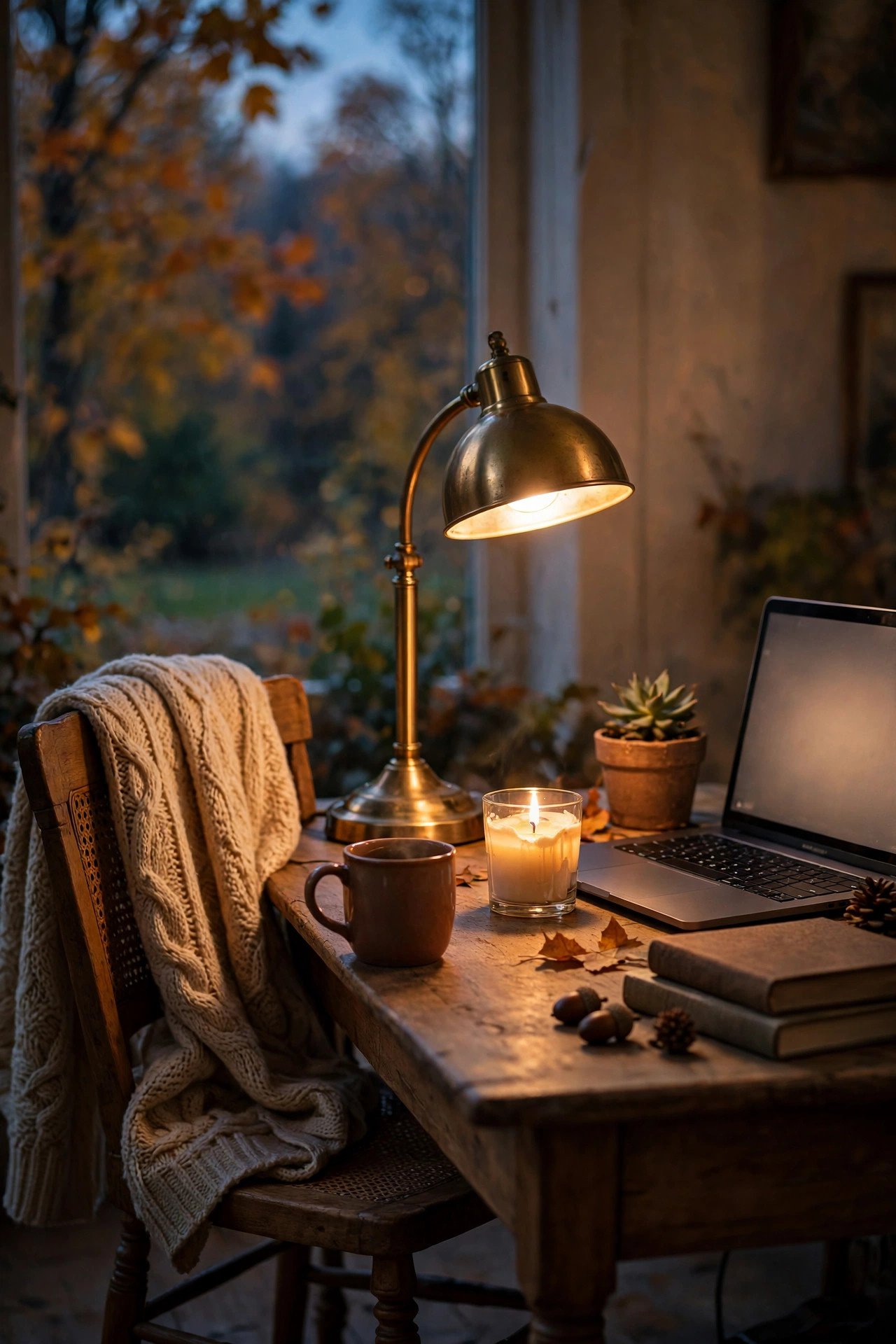 Cozy home office at dusk lit by a warm brass desk lamp and a candle with a laptop glowing softly