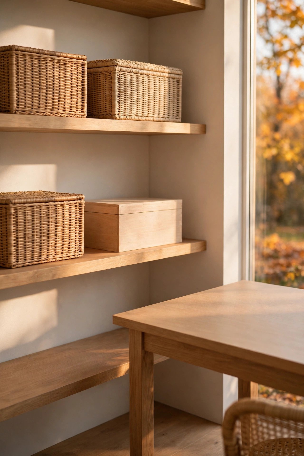 Closed woven storage baskets and a lidded box on shelves beside a clean empty desk surface in a minimal home office