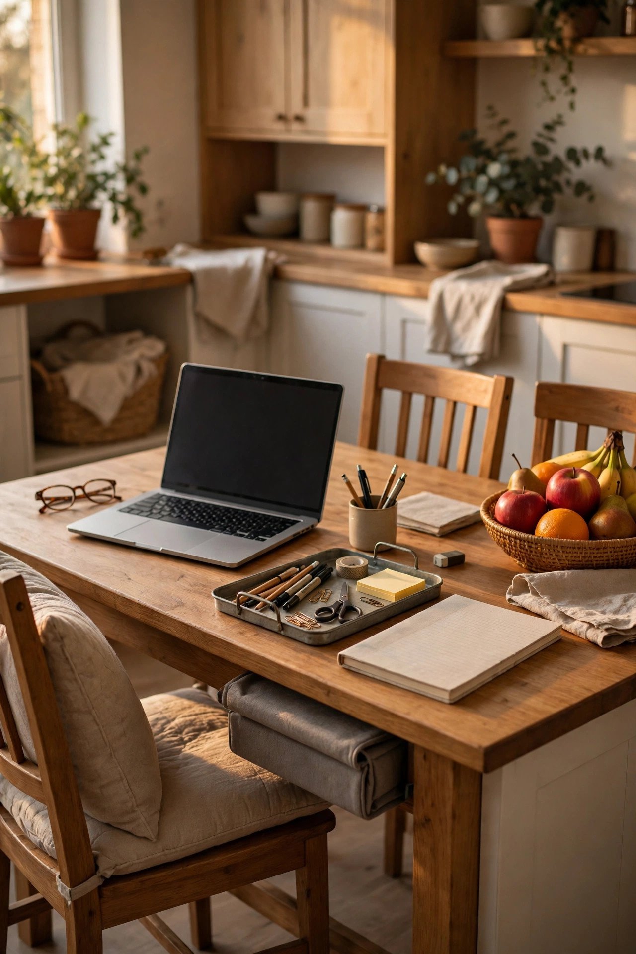 Kitchen table converted into a home office that packs away, with a laptop, a small supply tray and a cushion on the chair