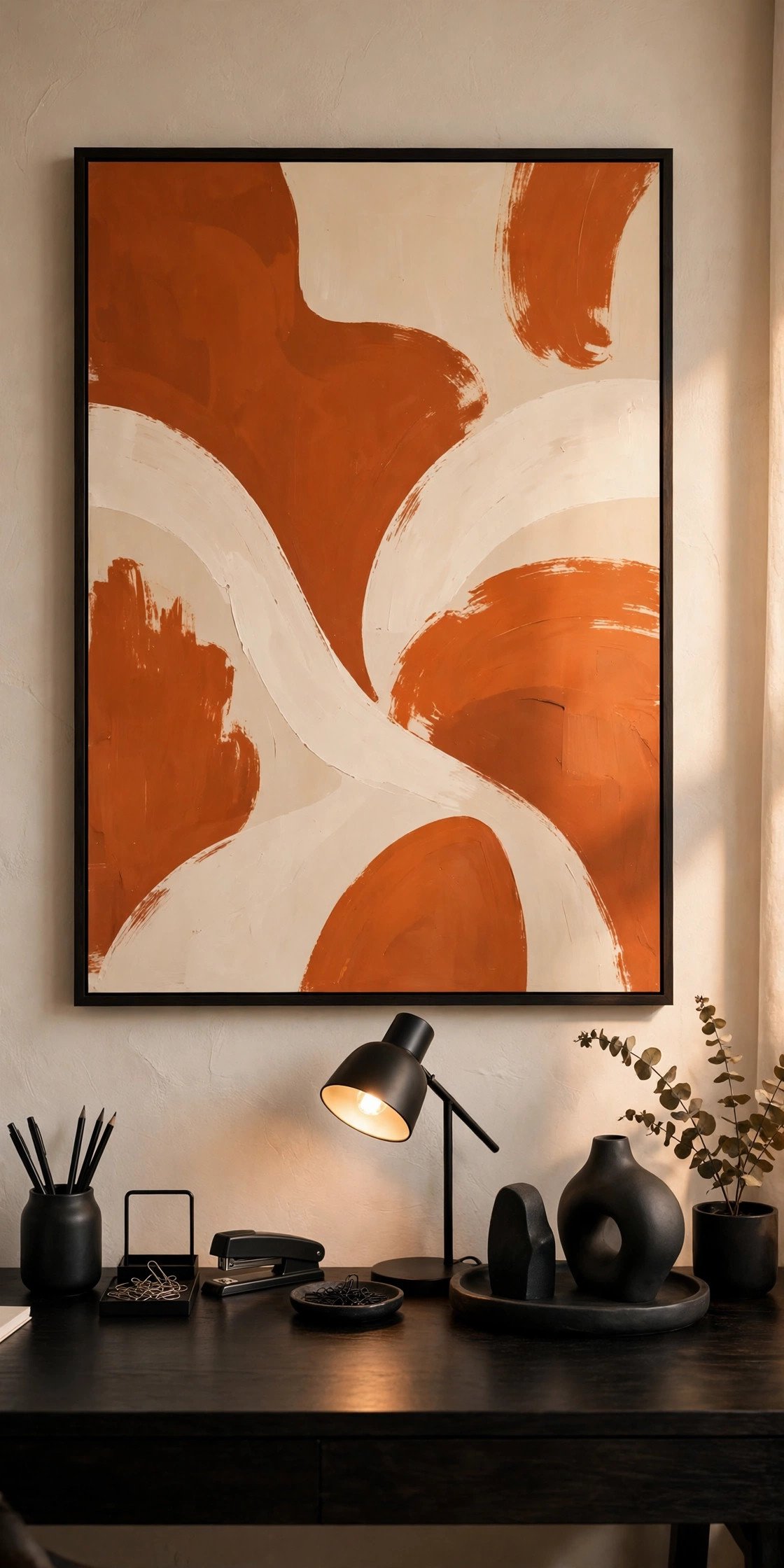 Home office wall with one large bold abstract art print in burnt orange and cream above a dark desk