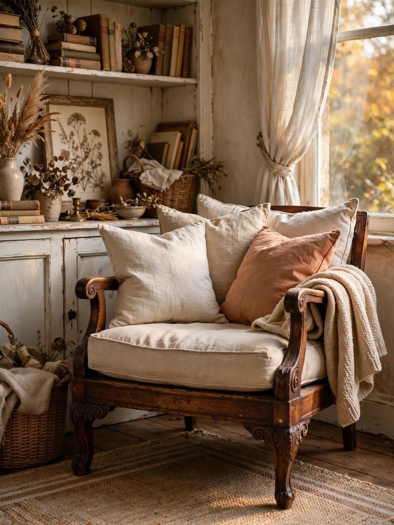 A vintage wooden armchair with a curved back and woven seat, photographed in a thrift store aisle with soft daylight