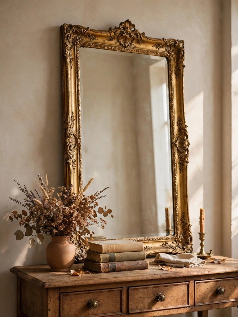 An ornate vintage mirror with a gilded carved frame leaning against a thrift store wall, reflecting warm light