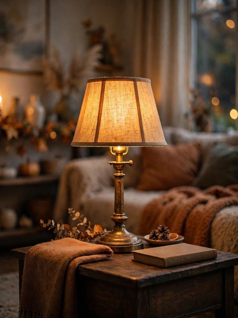 A vintage brass table lamp with a warm glowing shade on a thrift store shelf, surrounded by ceramic vases
