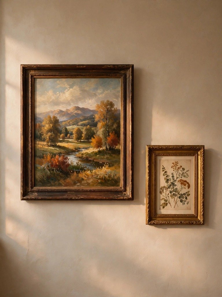 A framed vintage oil painting of an autumn landscape in a carved wooden frame, hanging on a thrift store art wall