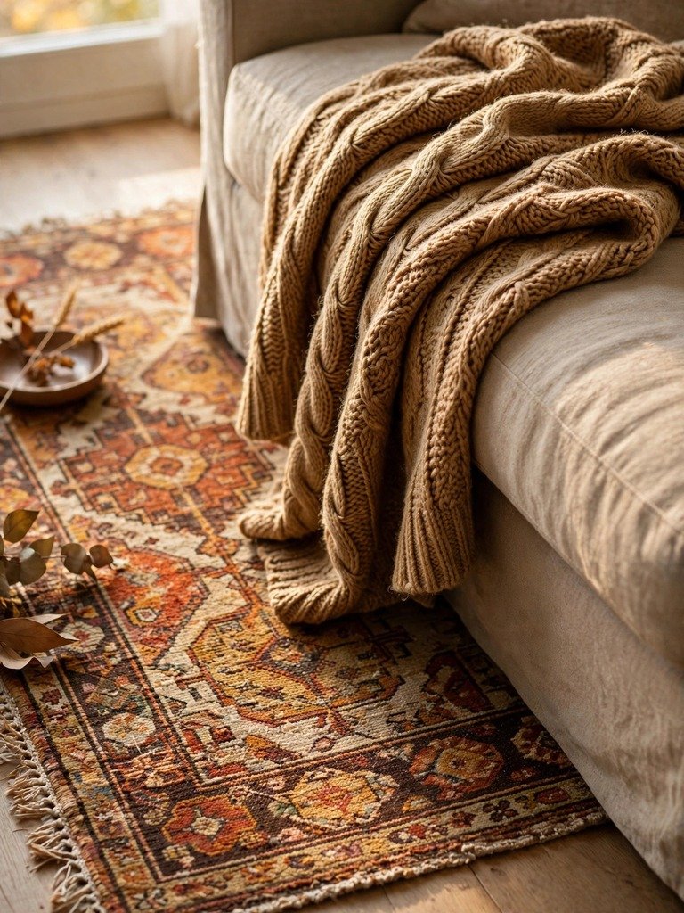 A folded stack of vintage wool throws and embroidered cushion covers in rust, ochre and cream tones on a thrift store table