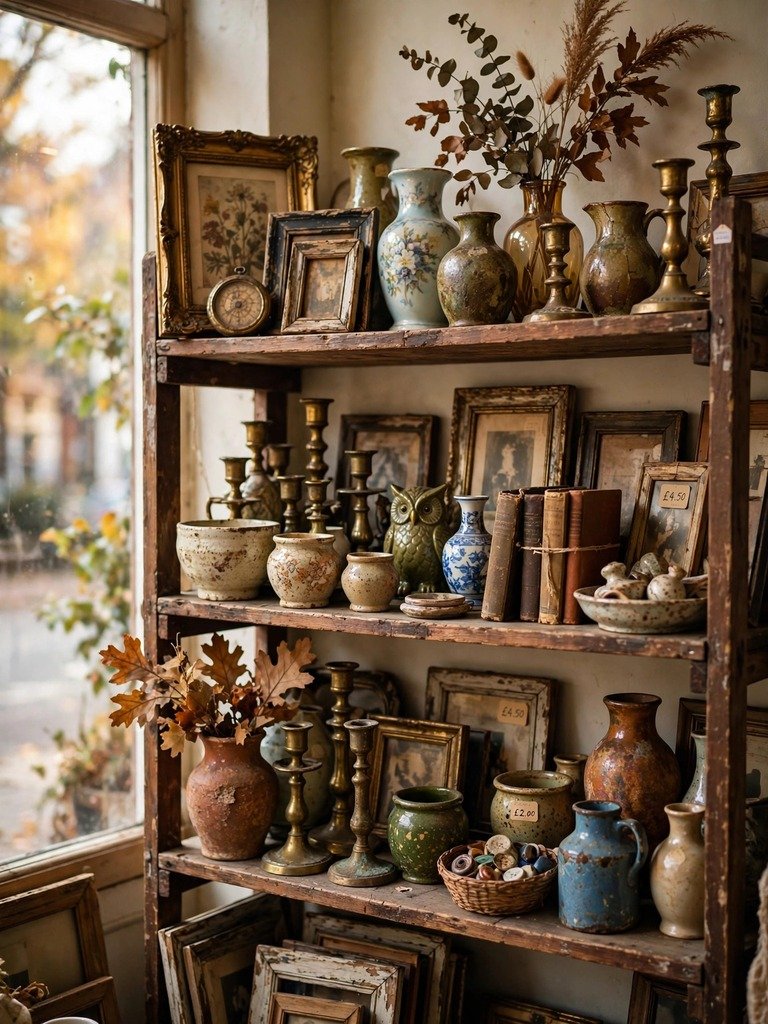 Rows of thrift store shelves packed with secondhand home décor, lamps, and frames under warm fluorescent light