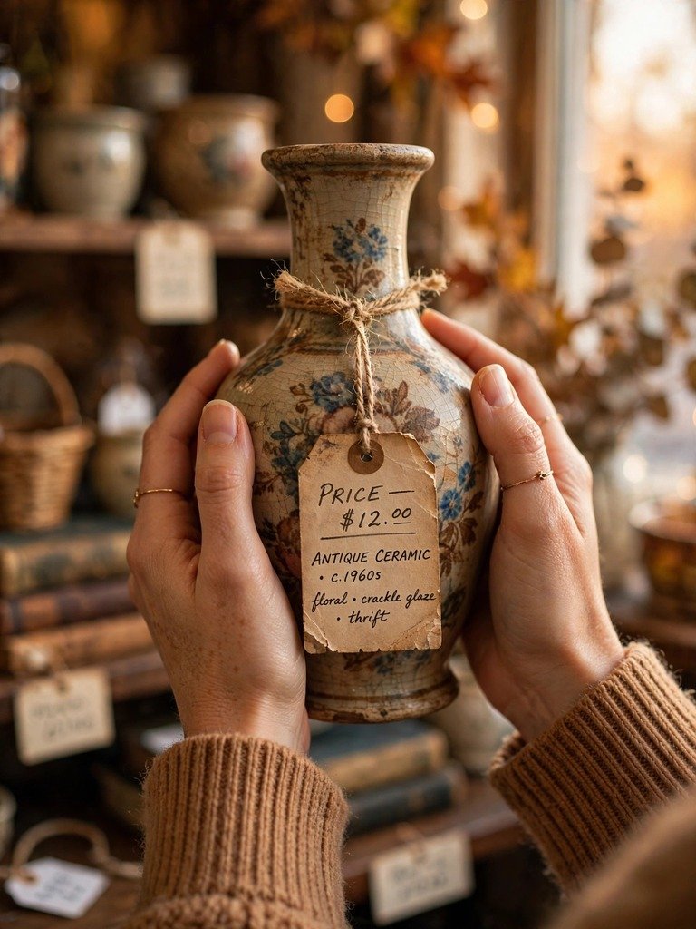 Hands holding a vintage ceramic vase with a paper price tag, a tape measure and smartphone lying on a thrift store shelf beside it