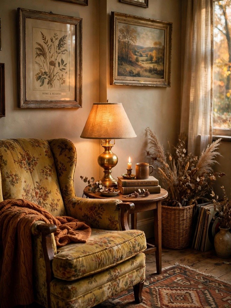 A styled living room corner with a vintage wooden chair, brass lamp and framed thrifted art, warm autumn light through a window