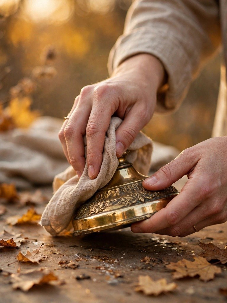 Hands polishing an old brass lamp base with a soft cloth, tools and cleaning supplies on a wooden table