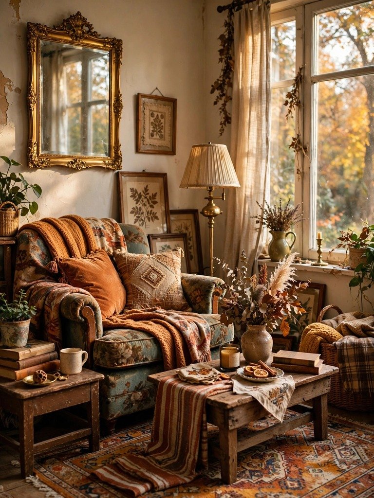A cozy fall living room with thrifted vintage décor — wooden chair, brass lamp, layered textiles and framed art in warm light