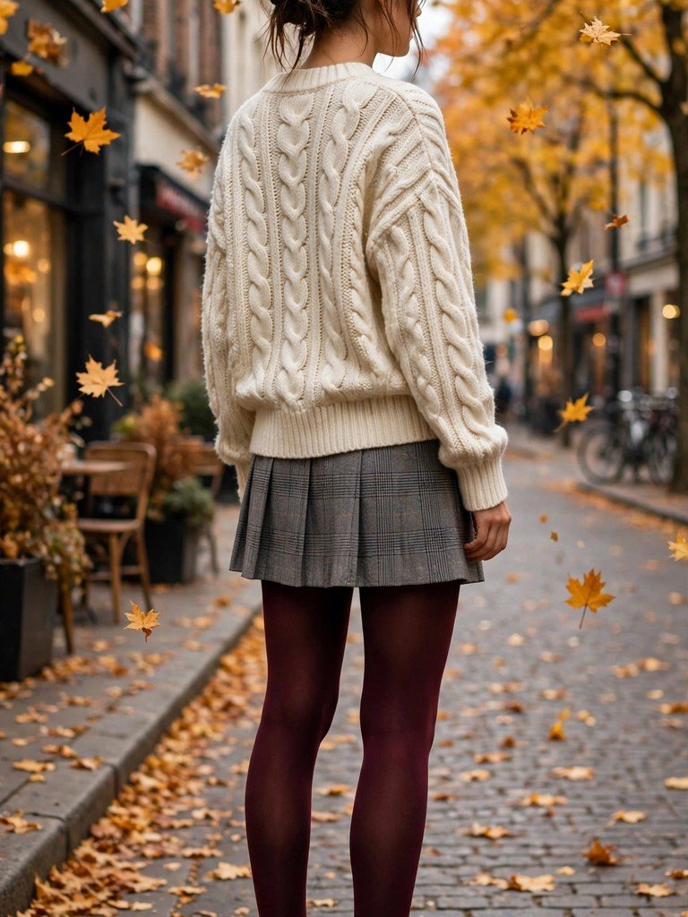 Model wearing burgundy opaque tights with a gray pleated skirt and black loafers in autumn street style
