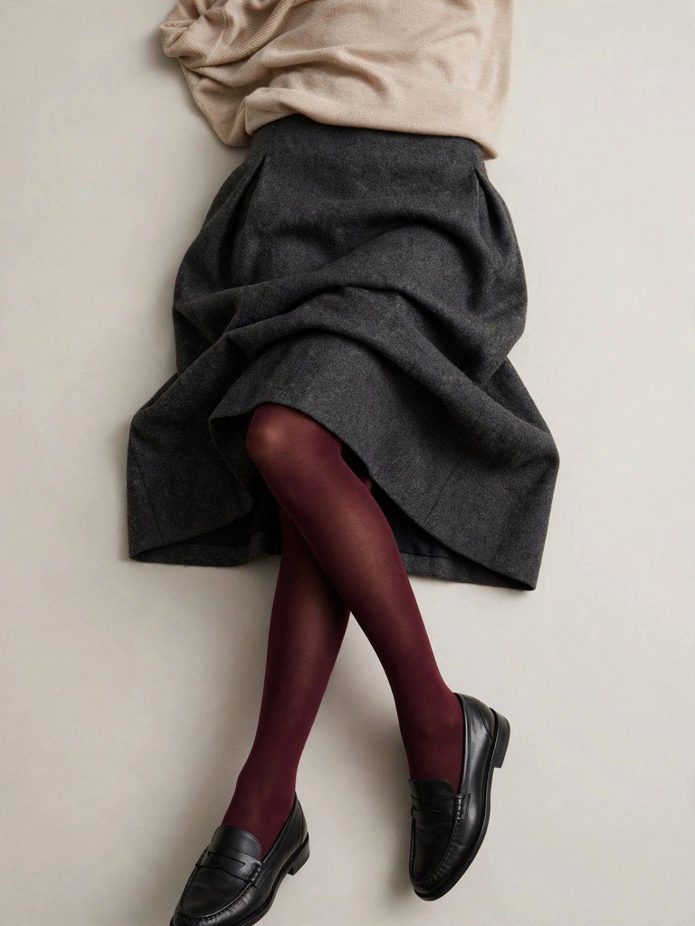 Flat lay showing navy tights paired with a beige coat and gray skirt demonstrating the golden rule of mismatching