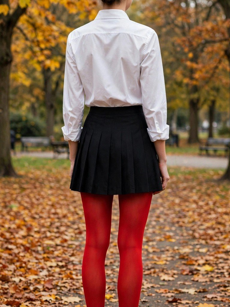 Woman wearing red opaque tights with a black mini skirt and black ballet flats in preppy fall style