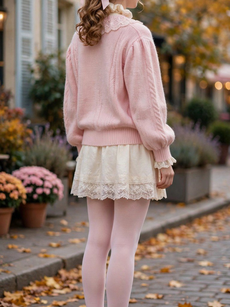 Pastel pink tights styled with a white lace-trim skirt and black Mary Jane shoes in coquette fashion