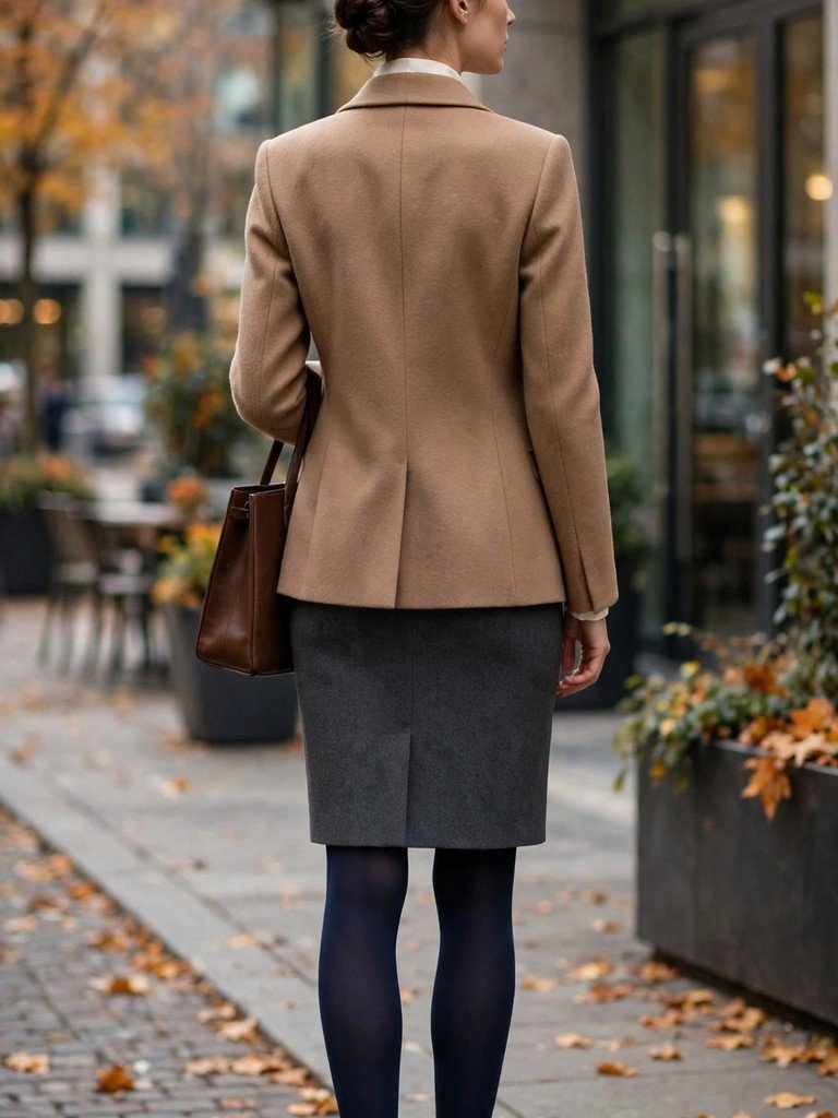 Navy opaque tights worn with a gray pencil skirt and black heels as office-appropriate fall workwear
