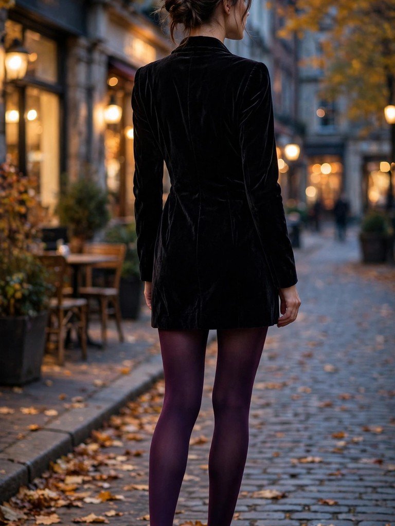 Plum lace tights paired with a black velvet mini dress for an elegant fall evening look
