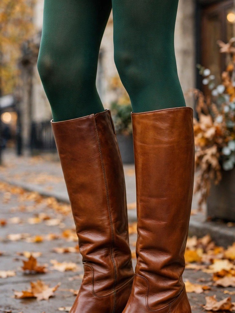 Opaque burgundy tights tucked into brown knee-high boots on a crisp autumn day