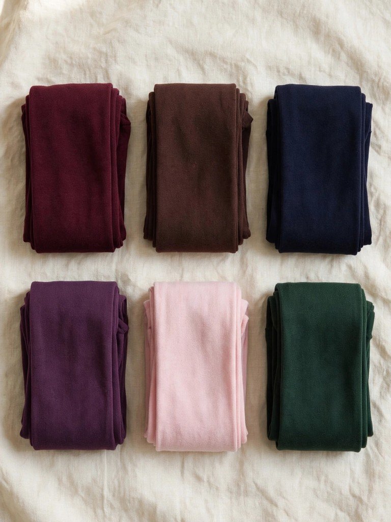 Neatly folded colorful tights in burgundy red and navy arranged in a drawer with care essentials