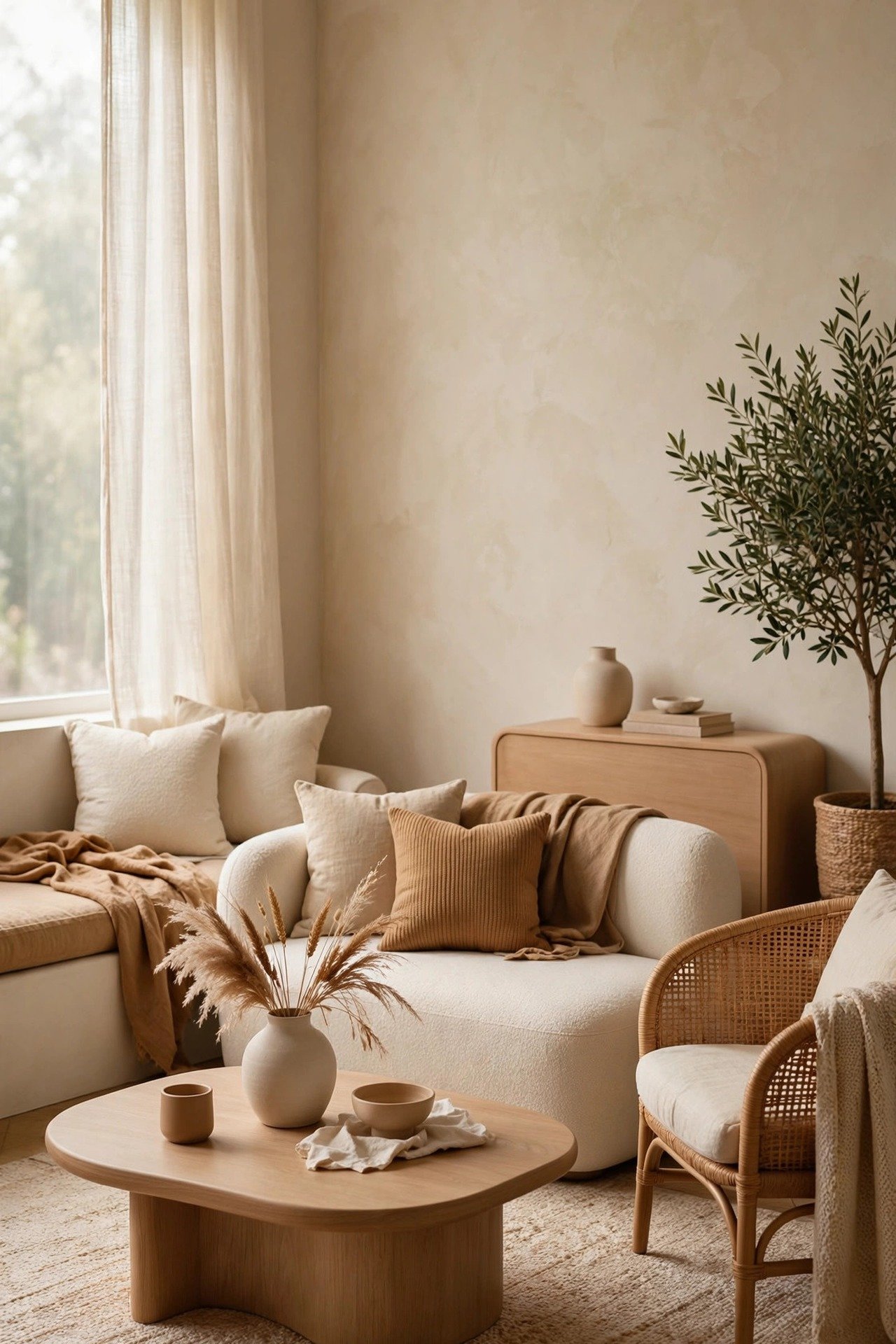 Warm minimalist living room in beige, cream and caramel tones, bathed in soft daylight