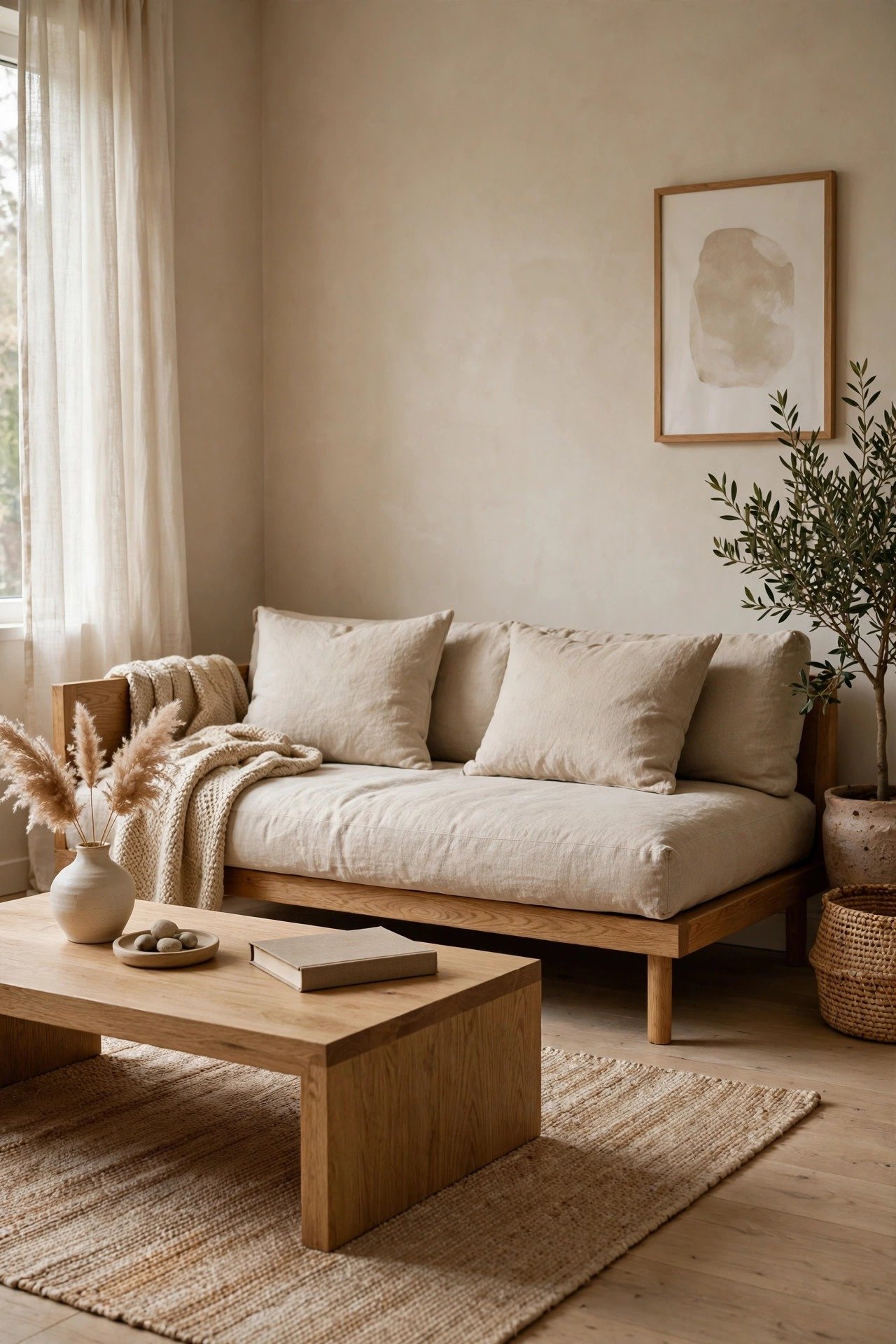 Low-profile solid oak sofa with natural linen upholstery in a warm-toned minimalist living room