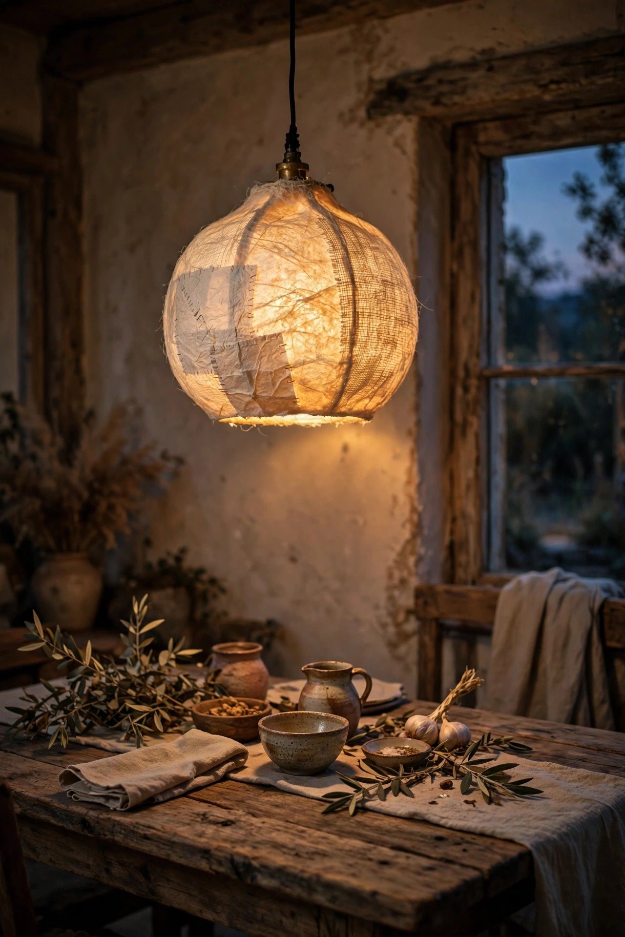 Handmade paper lantern pendant glowing above a rustic wooden dining table at dusk