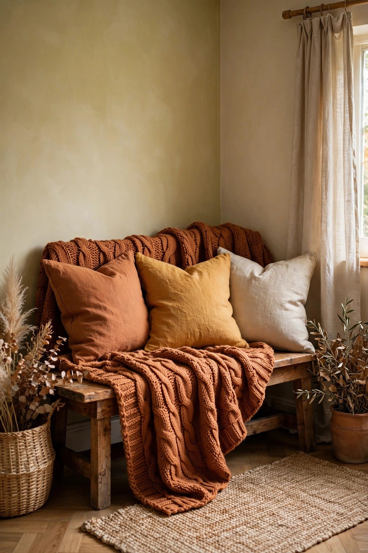 Chunky knit throw and linen cushions in warm fall tones on a wooden bench
