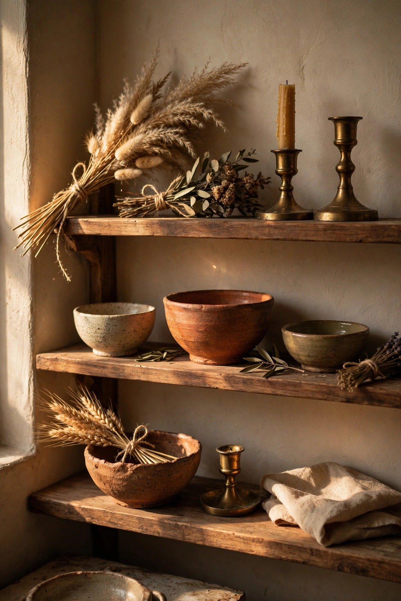 Curated wooden shelf with handmade pottery, dried flowers and brass candle holders in warm light