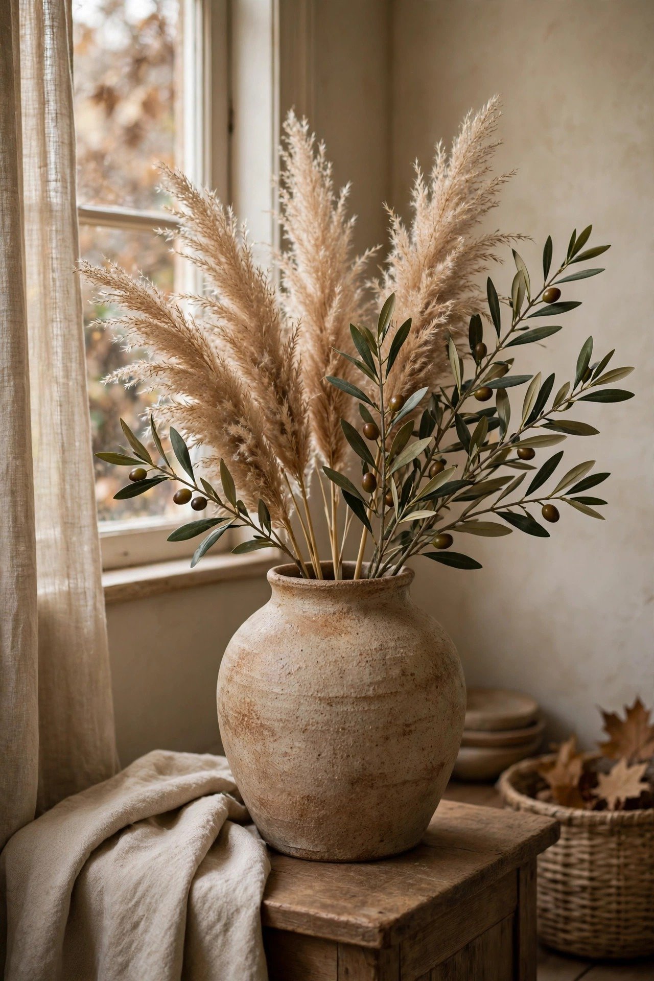 Dried pampas grass and olive branches in a stoneware vase in a cozy fall corner